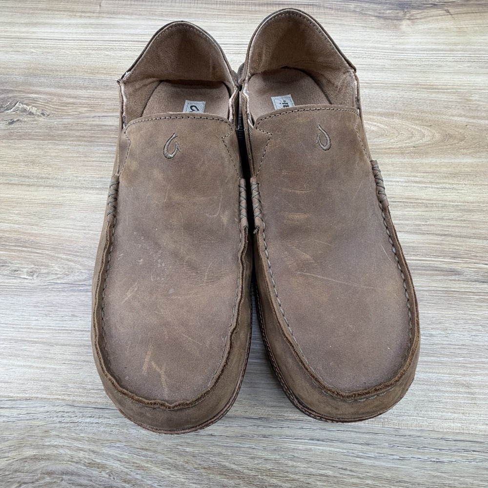 Olukai Moloa Mens US 12 EU 45 Brown Leather Slip On Loafers Comfort Casual Shoes